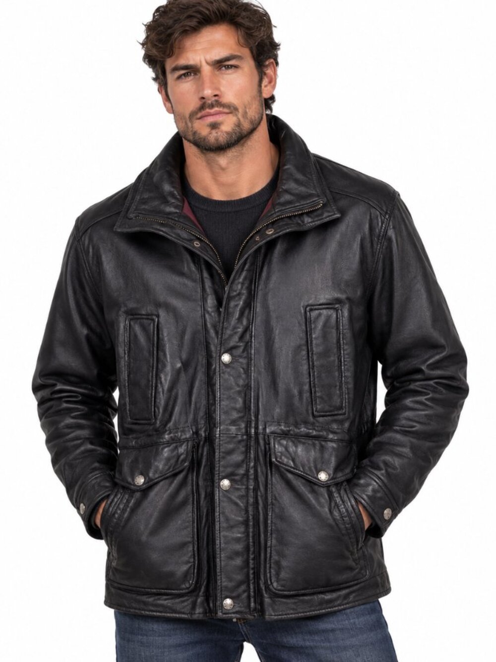 Wilsons‎ Full Zip Leather Jacket M Black Heavyweight Removable Liner Moto Cargo